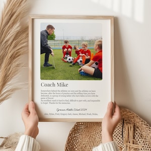 May include: A framed print with a photo of a soccer coach with a group of young athletes. The text reads "Coach Mike" and includes a quote about the coach's dedication and the athletes' love of the game. The print also includes the school name and the year, "Syracuse Middle School 2024", and a list of names: Alex, Dylan, Fred, Gregory Jack, James, Michael, Noah, Nolan.