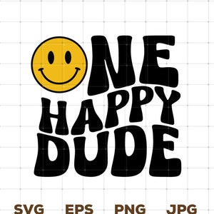 Puede incluir: Un diseño gráfico negro y amarillo con el texto "One Happy Dude" en una fuente retro. Una cara sonriente amarilla está a la izquierda del texto.