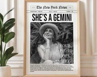 Personalized Gemini Zodiac Newspaper Print, Custom She's a Gemini Photo Poster: UNFRAMED Poster