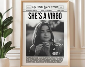 Personalized Virgo Zodiac Newspaper Print, Custom She's a Virgo Photo Poster: UNFRAMED Poster