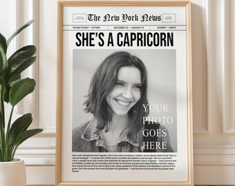 Personalized Capricorn Zodiac Newspaper Print, Custom She's a Capricorn Photo Poster: UNFRAMED Poster