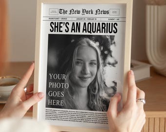 Personalized She’s an Aquarius Zodiac Newspaper Print, Retro Zodiac Wall Art (Digital Download)