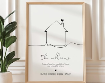 Family Last Name House Print, Personalized Minimalist Housewarming Gift: UNFRAMED Poster
