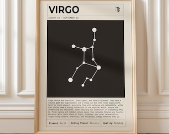 May include: A framed print featuring the Virgo zodiac sign. The artwork displays the word "VIRGO" at the top, with the dates August 23 - September 22 below. A white constellation graphic is centered on a black background.