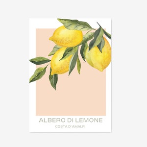 Op de afbeelding: Een aquarel-illustratie van een tak van een citroenboom met drie gele citroenen en groene bladeren. De achtergrond is licht perzikkleurig. De tekst "ALBERO DI LIMONE" en "COSTA D'AMALFI" is onder de afbeelding gedrukt.