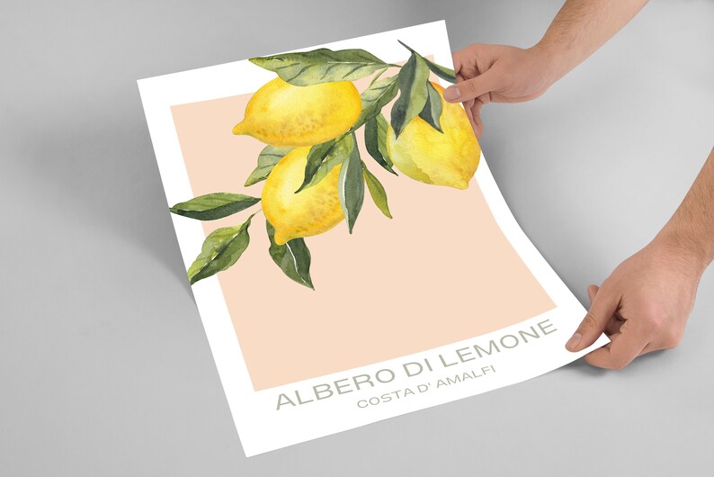 Op de afbeelding: Een aquarel van een tak van een citroenboom met drie citroenen en groene bladeren op een perzikkleurige achtergrond. De tekst "ALBERO DI LIMONE COSTA D'AMALFI" staat onderaan de afbeelding.