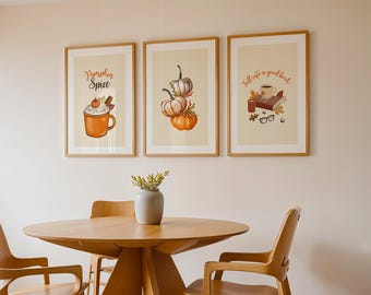Herfstposterset | Pompoenkruiden wanddecoratie | Gezellige herfstkunstdruk | Pompoenillustratie | Herfstkoffieboek wanddecoratie | Digitale download