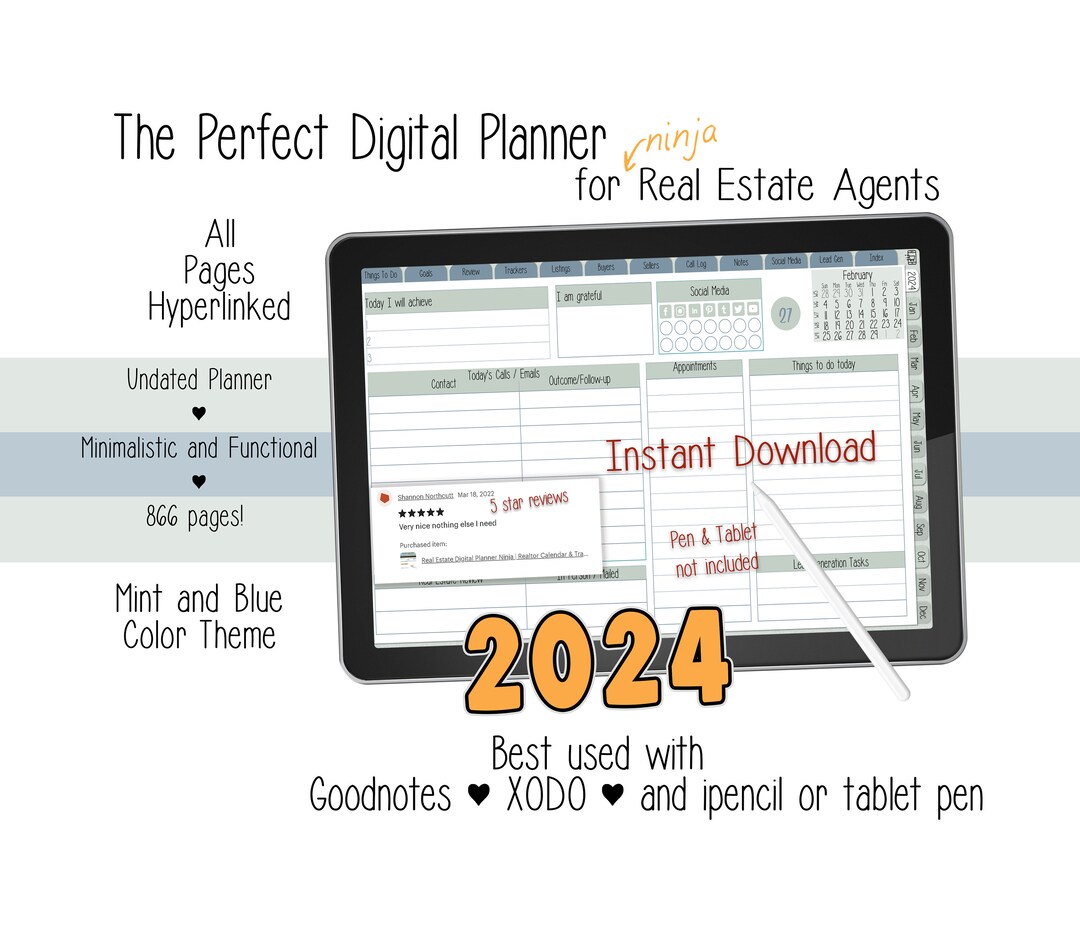 Real Estate Digital Planner Ninja 9 Teal 2024 Realtor Calendar