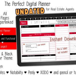 May include: Digital planner for real estate agents, undated, with a red and black color scheme. Features include hyperlinked pages, minimalist design, and instant download. Compatible with Goodnotes, Notability, Penly, XODO, and stylus.