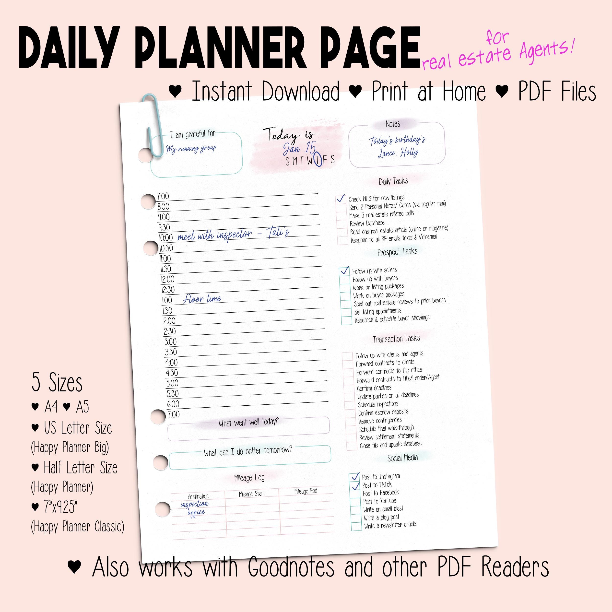 Realtor Daily Routine Real Estate Agent Daily Checklist and Business Planner Template ...