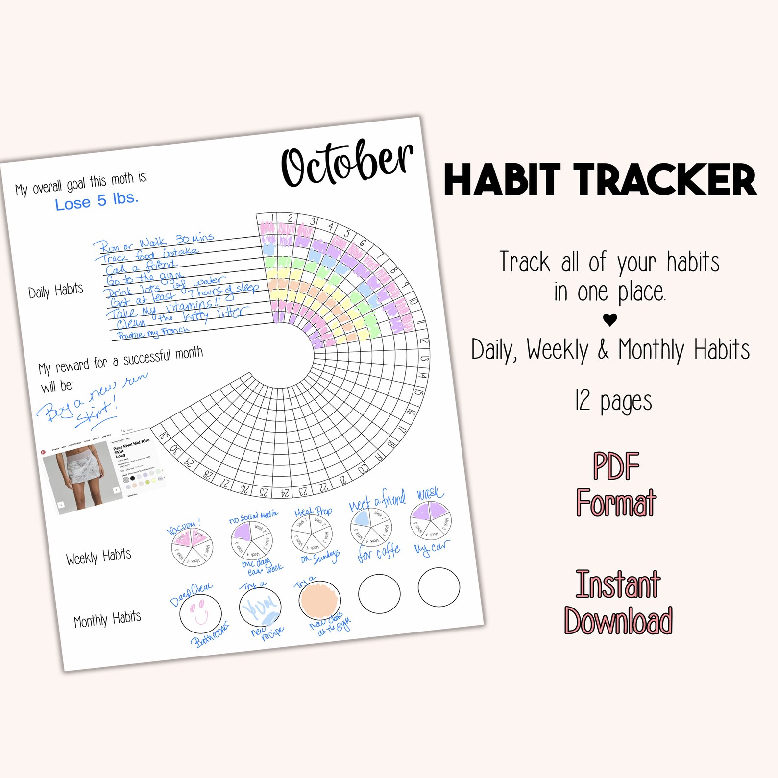 Habit Tracker Mood Checklist Printable Daily Weekly Monthly Goal ...