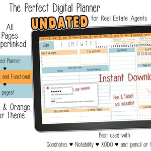 Op de afbeelding: Een digitale planner voor makelaars in teal en oranje. De planner is niet gedateerd en heeft 921 pagina's. De planner wordt weergegeven op een tabletscherm met een stylus. De tekst "UNDATED" staat in grote, vetgedrukte, oranje letters. De tekst "Instant Download" staat in rode letters. De tekst "Best used with Goodnotes, Notability, XODO and ipencil or tablet pen" staat onderaan de afbeelding.