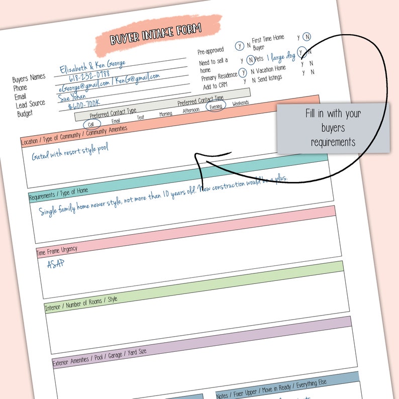 Realtor Checklist Home Buyer & Seller Questionnaire Intake Form Insert ...