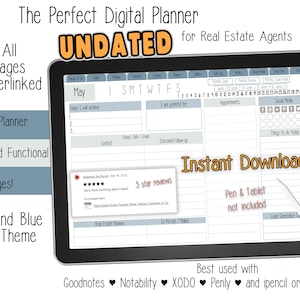 May include: A digital planner for real estate agents, displayed on a tablet. The planner is undated and features a mint and blue color theme. It includes sections for daily tasks, appointments, social media, and more. The text "Instant Download" is highlighted in orange.