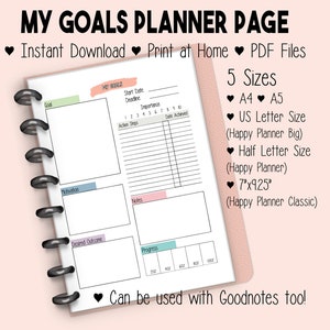 Puede incluir: Una página de planificación de objetivos imprimible con secciones para el objetivo, la fecha de inicio, la fecha límite, la importancia, los pasos de acción, la motivación, las notas, el resultado deseado y el progreso. La página del planificador está diseñada para usarse con Goodnotes.
