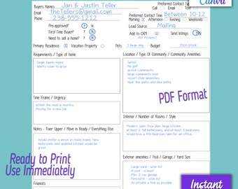 Real Estate Buyer Intake Form |Home Buyer Questionnaire / Consultation| Instant Digital Download | PDF Print and Ready to Use Template