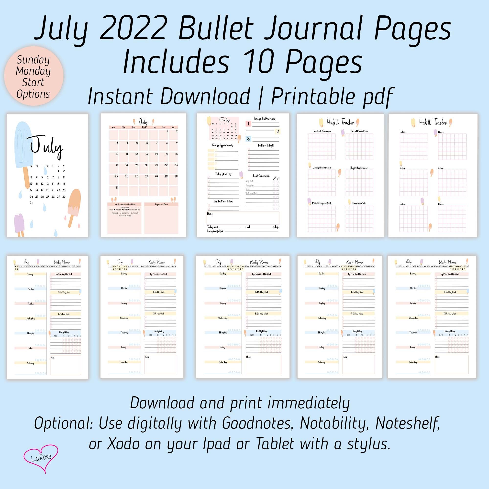 July 2022 Real Estate Bullet Journal Calendar Pages Bujo for Etsy