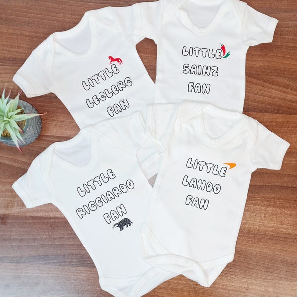 F1 - Formula One - Baby Grow in White - Sainz - Ricciardo - Lando - Leclerc - Hamilton - Alonso - Baby Outfit - F1 baby clothes - Cute baby