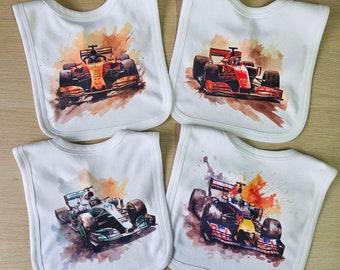 F1 - Bavoir pour bébé inspiré de la Formule 1. Redbull, McLaren, Mercedes, Ferrari. Lando, Hamilton, Leclerc, Ricciardo. Cadeau idéal pour les fans de Formule 1