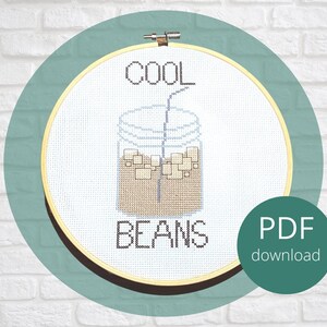 Iced Coffee Cross Stitch Pattern, Cool Beans Cross Stitch, Iced Coffee Pun, Coffee Cross Stitch, PDF Download