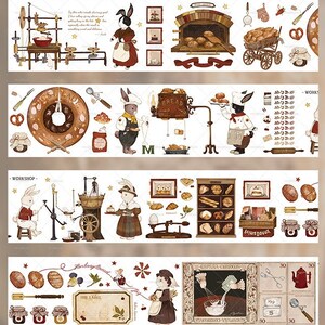 Op de afbeelding: Een set vintage-stijl illustraties met een bakkersthema. De illustraties bevatten een verscheidenheid aan bakkerijproducten, zoals brood, gebak en taarten, evenals bakkerijapparatuur, zoals weegschalen, ovens en mengkommen. De illustraties zijn in een warme, uitnodigende kleurenpalet en bevatten schattige konijnenfiguren.