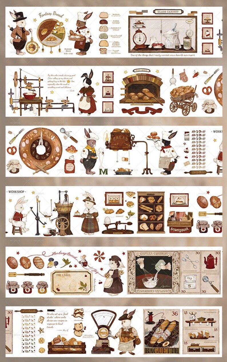 Op de afbeelding: Een set vintage-stijl illustraties met een bakkersthema. De illustraties bevatten een verscheidenheid aan bakkerijproducten, zoals brood, gebak en taarten, evenals bakkerijapparatuur, zoals weegschalen, ovens en mengkommen. De illustraties zijn in een warme, uitnodigende kleurenpalet en bevatten schattige konijnenfiguren.