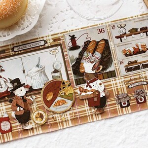 Op de afbeelding: Een verzameling vintage-stijl bakkerstickers met een konijnenbakker, een klok, een weegschaal en potten jam. De stickers zijn gedrukt op een bruin-witte geruite achtergrond met de tekst "Glass Cabinet" en "Fantasy Bread" zichtbaar.