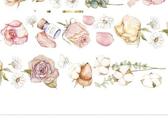 May include: A watercolor floral washi tape design with pink, yellow, and white roses, cotton bolls, and green leaves. The tape is 35 cm long and features a repeating pattern.