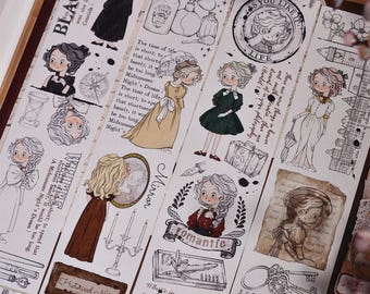 May include: A set of vintage-style decorative paper stickers featuring illustrations of women, flowers, and text. The stickers are printed on white paper with black ink and have a distressed, antique look.