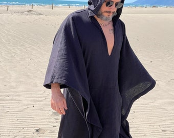 Mens Cotton Gauze Caftan, Black Greek Style Plus Size Kaftan