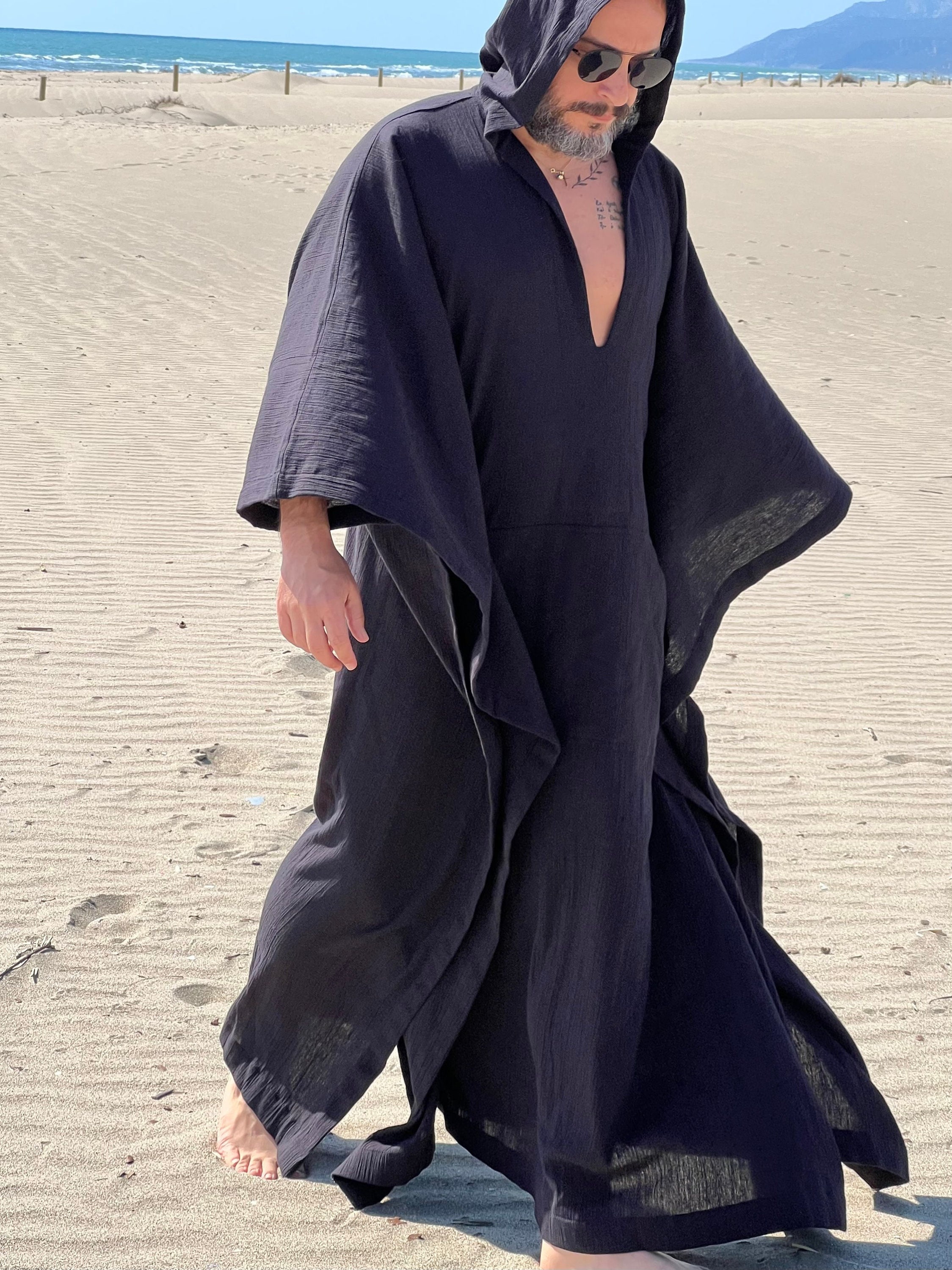 Mens Cotton Gauze Caftan, Black Greek Style Plus Size Kaftan