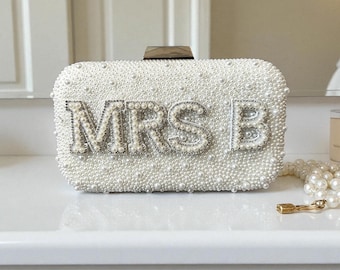 Personalized pearl clutch bag, Personalized bride wedding clutch bag, Bridal Purse, wedding clutch bag, Bridal hen do bag, Mrs Initial Bag