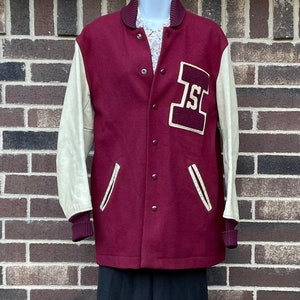 Whiting Maroon and White Varsity / Letterman Jacket / Coat, Maroon Wool with White Leather, Tag Size 38