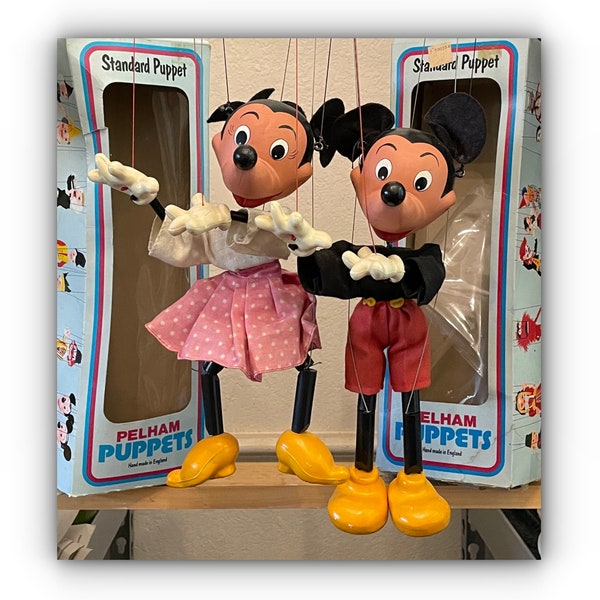 Set of 2 Vintage Disney Pelham Marionettes Mickey and Minnie Mouse, Made in England in Original Boxes; SL Puppets