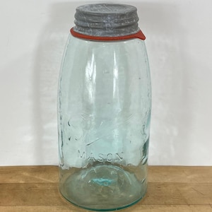 Antique Two Quart Pale Blue Glass Eary 1900s Ball Mason Canning Jar with Milk Glass Lined Zinc Lid and Gasket, Rounded Shoulders Jar