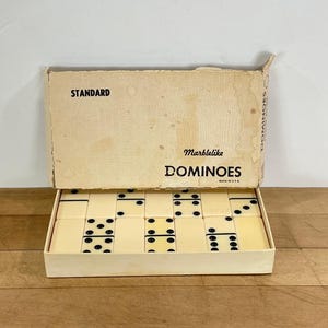 Puremco Dominoes, Ivory with Black Dots, Standard No 616, Full Set of 28 Marblelike Dominoes (No Instruction Pamphlet)