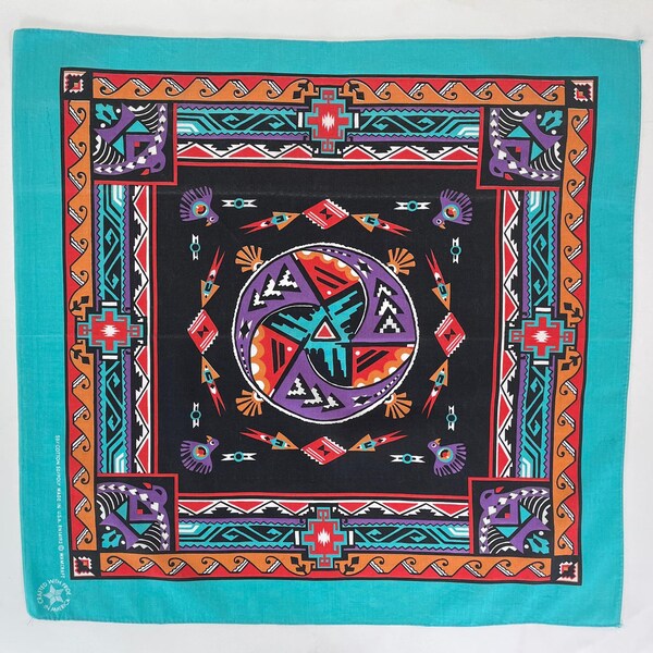 Turquoise Wamcraft 50/50 Cotton Poly Southwestern Style RN 14193 Bandana Made in USA, Crafted With Pride in America Emblem