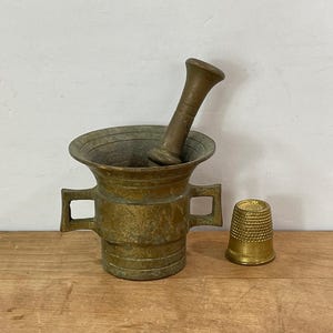 Small Brass Mortar and Pestle, Unknown Manufacture, Apothecary Mortar with Square Handles and 3&quot; Long  Pestle