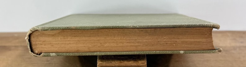 K&ouml;nnte beinhalten: Ein gebundenes Buch mit einem strukturierten, salbeigr&uuml;nen Stoffeinband und hellbraunen, gealterten Papierkanten. Das Buch liegt horizontal und zeigt den Buchr&uuml;cken sowie die Dicke der Seiten, die eine warme, hellbraune Vintage-F&auml;rbung aufweisen.