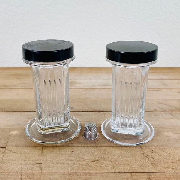 Set of 2 Antique Clear Glass Slide Staining Coplin Jars with Black Bakelite Lids