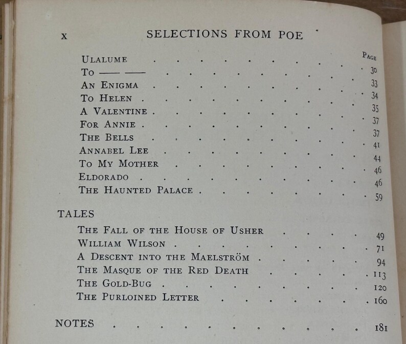 K&ouml;nnte beinhalten: Eine Buchseite mit der &Uuml;berschrift SELECTIONS FROM POE und der r&ouml;mischen Ziffer X oben links. Der Text listet Gedichte wie Ulalume, To Helen und Annabel Lee auf, gefolgt von einem Abschnitt f&uuml;r Erz&auml;hlungen wie The Fall of the House of Usher und The Gold-Bug.