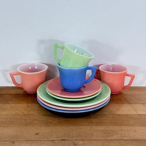 As Is - Partial Hazel Atlas Play Tea Set, Pink, Blue, and Green on White Glass Children&#39;s Serving Set, Little Hostess set, 9 pieces