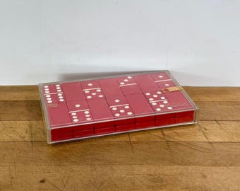 As Is - Incomplete, Old Red Dominoes in a Crisloid Plastic Storage Case, Set of 28 Dominoes with Rules and Storage Case