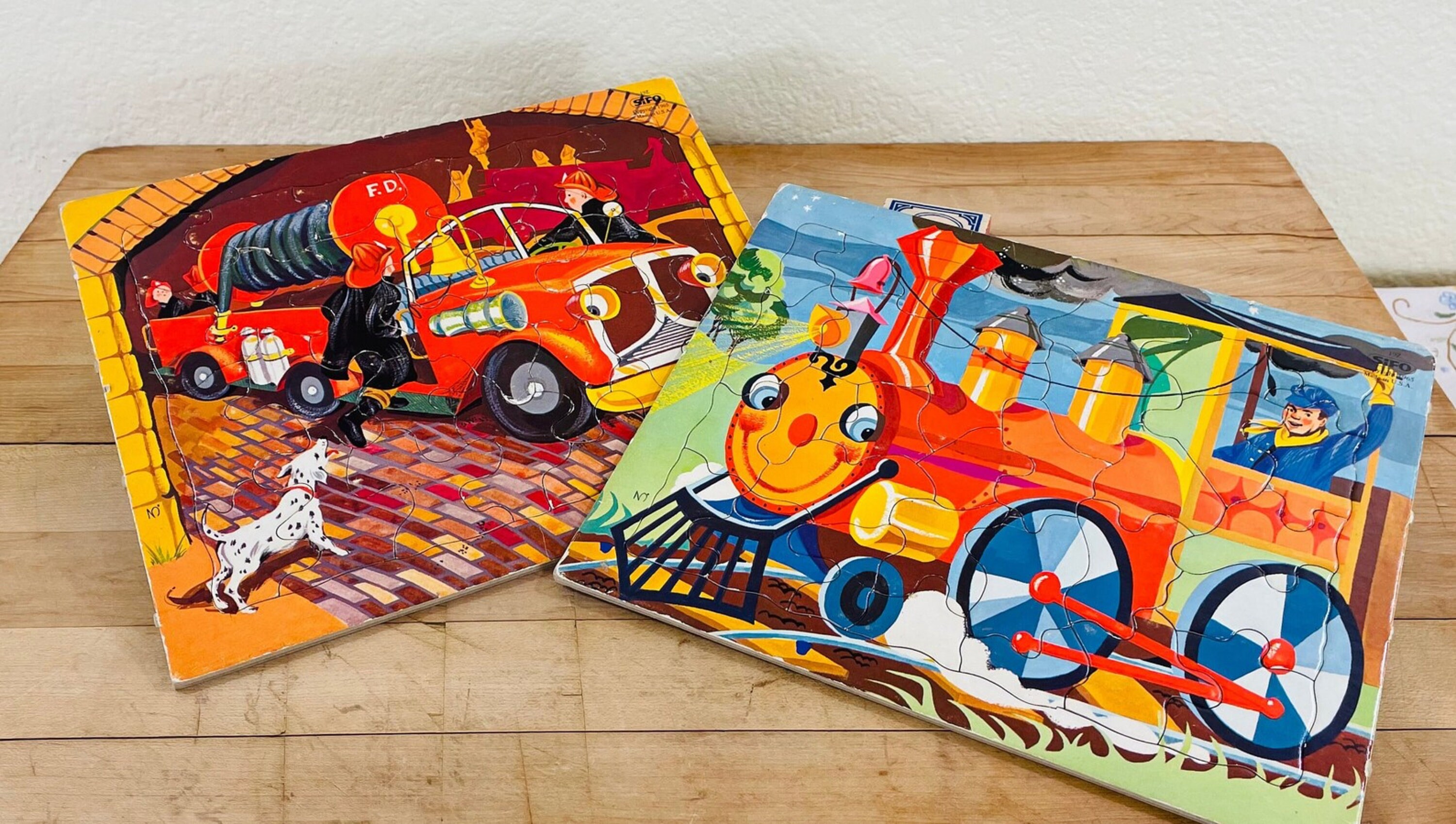Children's Large Piece Puzzles by Sifo, 1965 Train and Fire Truck