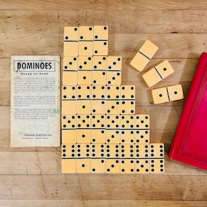Ivory Dominoes, Crisloid Plastics Co Top Grade Double Six Set of Dominoes in Original Red & Black Plastic Case with Instruction Pamphlet