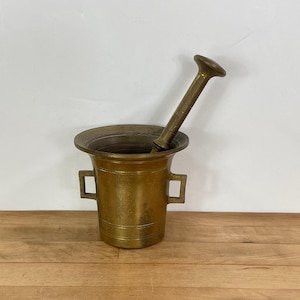 Brass Mortar and Pestle, Unknown Manufacture, Apothecary  Mortar with Square Handles and 8 1/2&quot; Long  Pestle
