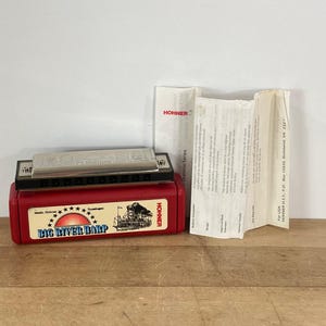 Hohner Key of C Big River Harp Harmonica, Steel and Black Plastic in Red Plastic Case with Ephemera, Made in Germany
