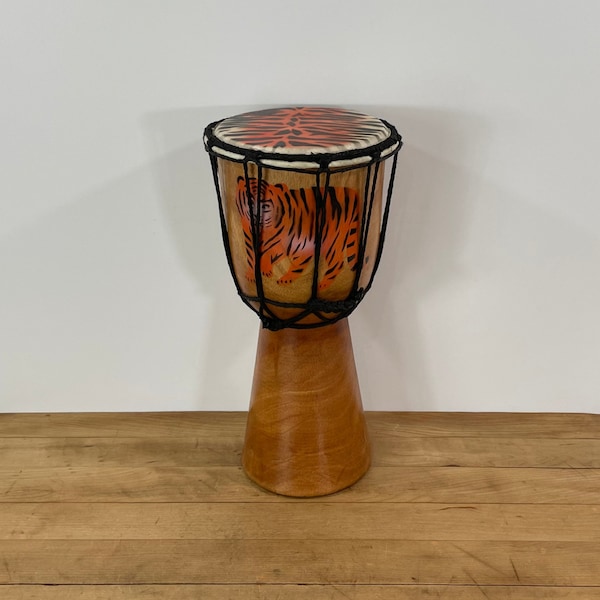 Wood African Djembe Drum Painted with Tigers on the Sides and Tiger Stripes on the Head; Smaller 5" Drum Head, Child's Djembe Drum