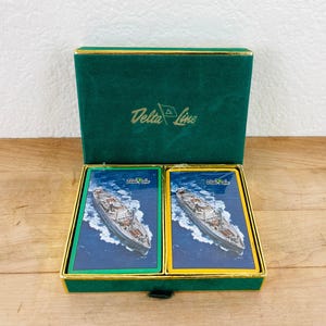 Sealed Playing Cards, Delta Line Cruise Ship Souvenir Stamped & Sealed Double Deck of Playing Cards in Original Green Velvet Box, Poker