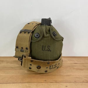 Metal Canteen, Cover and Belt,  Dismounted Cover with Belt, 1956 Canteen and 1942 Belt, US Military Item